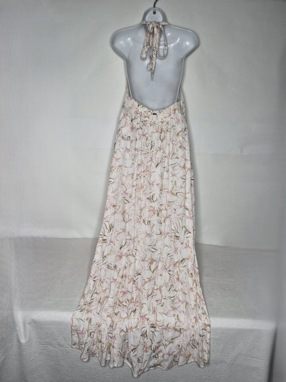 O'Neill Floral Womens L Lined Backless V-Neck Maxi Halter Dress Ivory Pink Brown - Picture 6 of 15